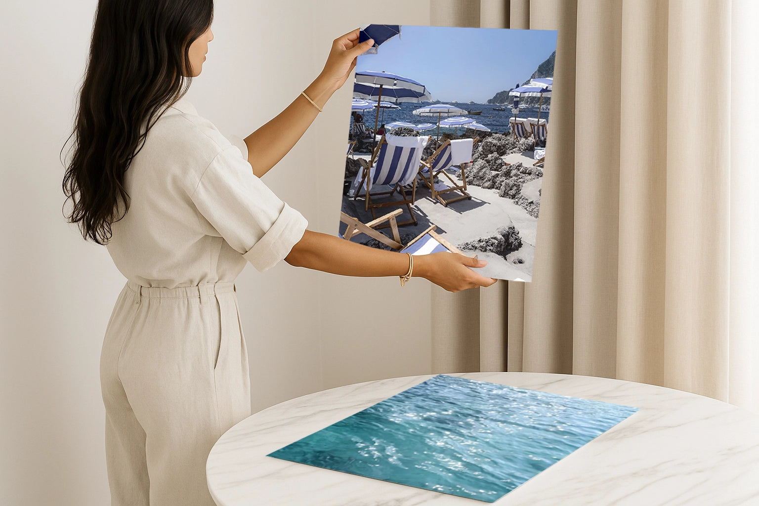 Coastal photography wall art print of La Fontelina Beach club with blue and white striped beach umbrellas in Capri, Italy.