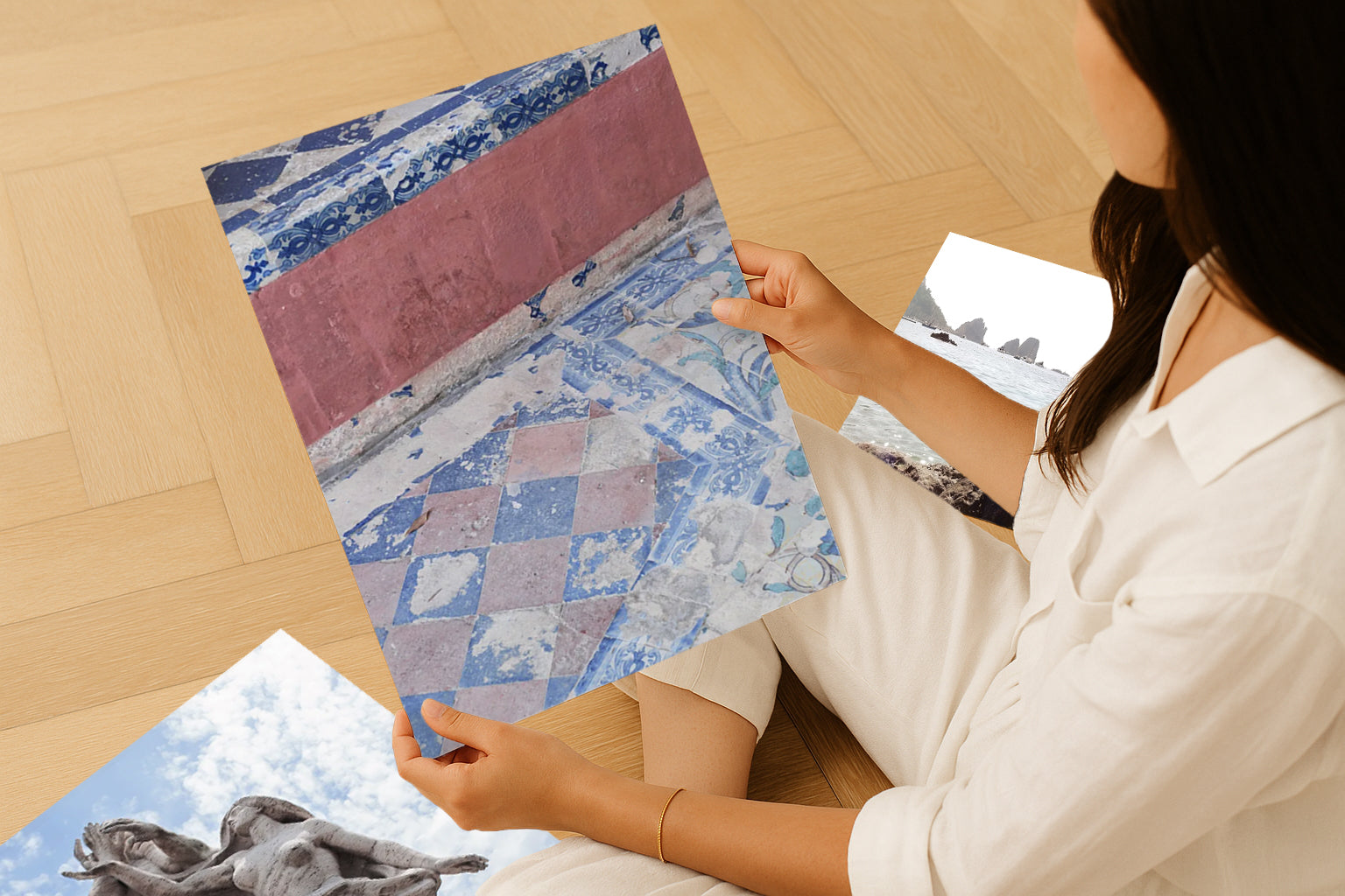 Seville photography art print of colorful blue and pink Spanish tiles, Mediterranean travel-inspired wall art for modern interiors.