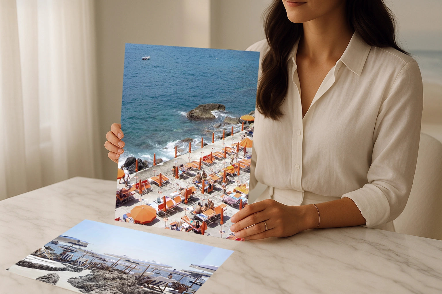 Amalfi Coast wall art print capturing One Fire Beach Club with colorful umbrellas and turquoise water, luxury travel photography.