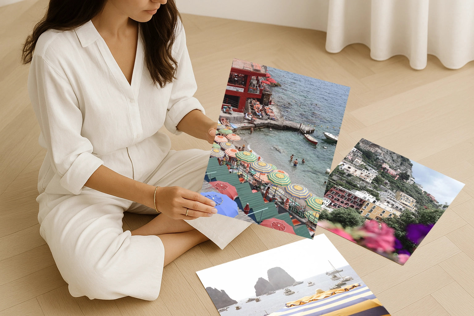 Collection of Amalfi Coast travel photography wall art prints showing colorful umbrellas, seaside cliffs, and beach clubs along the Italian coast.