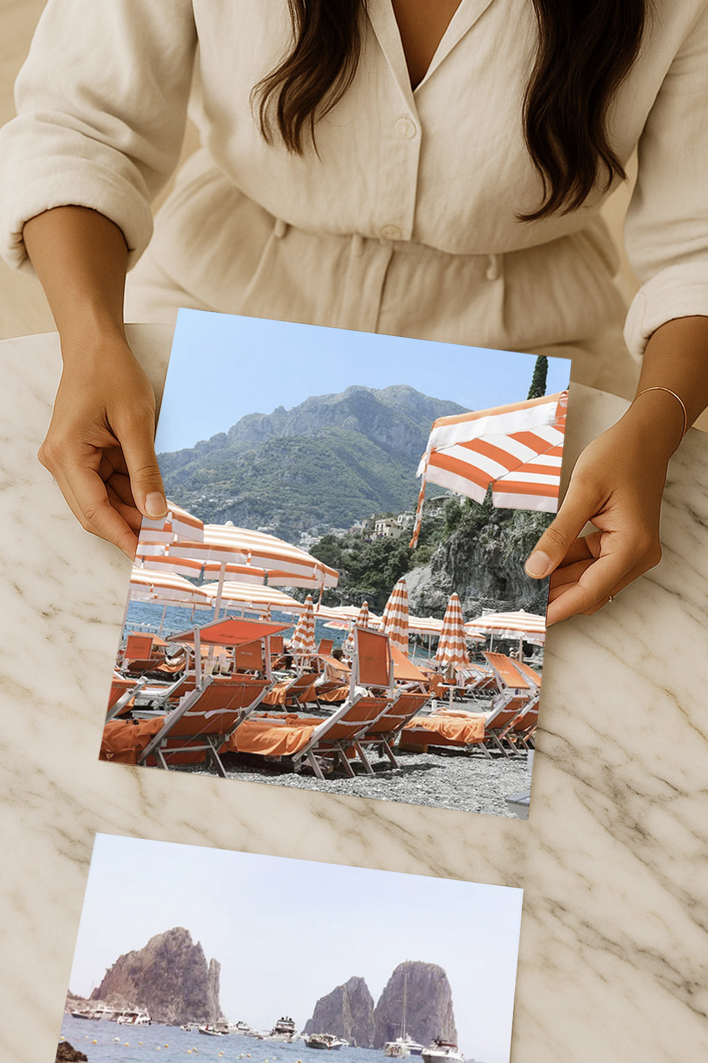 Arienzo Beach Club travel photography print of vibrant orange umbrellas and sun loungers on the Amalfi Coast, Italy. A Mediterranean wall art piece for modern home decor.