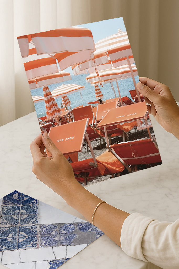 Luxury travel photography print of Arienzo Beach Club in Positano, Italy. Coastal wall art perfect for modern home décor and Mediterranean interiors.