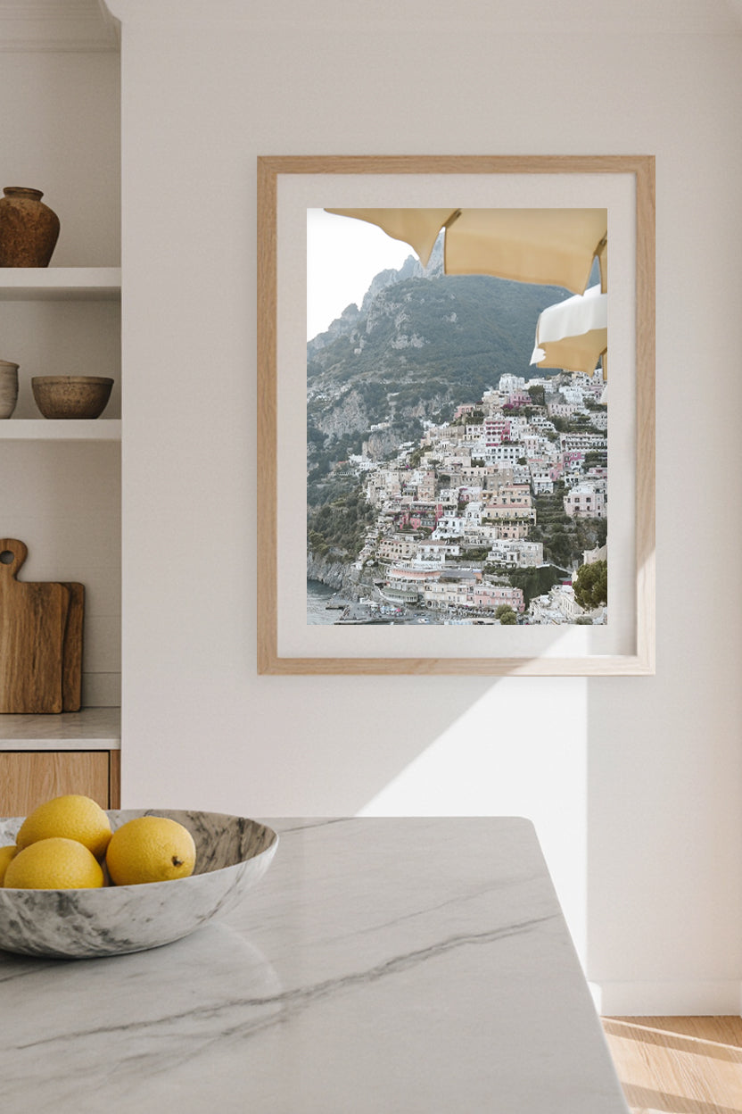 Travel photography print of Positano hillside village on the Amalfi Coast, the perfect touch of yellow for Italian kitchen wall art décor.