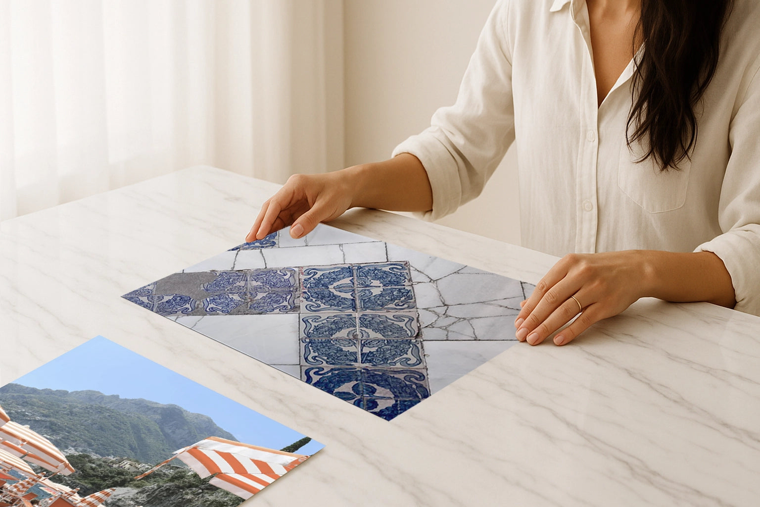 Seville wall art photography print featuring traditional blue Mediterranean tiles with marble detail, inspired by The Real Alcazar.
